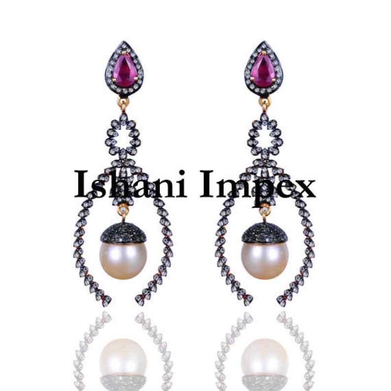 Victorian Fine Handmade Diamond Earrings Natural Uncut Diamond Polki /& Natural Pave Diamond Natural Pearl 925 Sterling Silver Jewelry