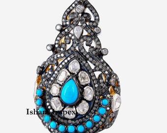 Natural Rosecut Diamond & Uncut Diamond Polki, Turquoise Gold Plated 925 Sterling Silver Ring Jewelry