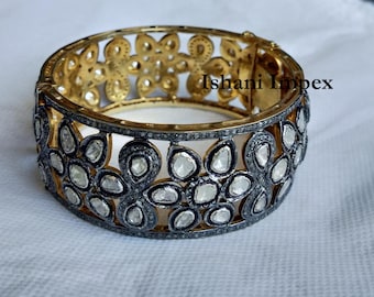 Natural Rosecut Diamond Uncut Diamond Polki 925 Sterling Silver Victorian Bangle Jewelry
