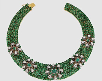 Natural Emerald Rosecut Diamond & Uncut Polki 925 Sterling Silver Victorian Style Necklace Jewelry