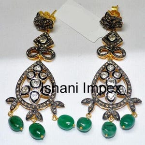 Natural Rose Cut Diamond & Uncut Diamond Polki Emerald 925 Sterling Silver Victorian Vintage Fine Handmade Diamond Earrings Jewelry