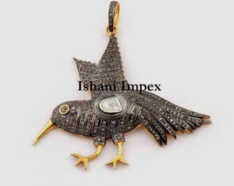 Natural Rose Cut Diamond Polki & 925 Sterling Silver Bird Pendant Jewelry