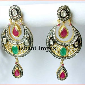 Natural Rose Cut Diamond & Uncut Diamond Polki 925 Sterling Silver Victorian Vintage Fine Handmade Diamond Earrings Jewelry