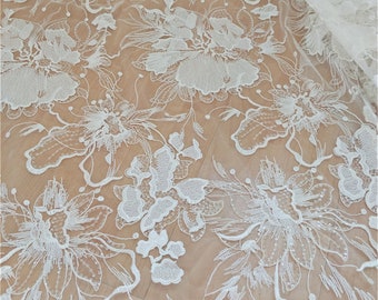 Exquisita tela de encaje de bordado de tul suave de tul para vestido de novia de boda, tela de encaje floral Guipur, tela de encaje de flores de malla cortada a medida