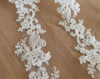 Beaded Alencon Lace Trim: Black & Ivory Corded Bridal Lace, 1.96&quot; Wide