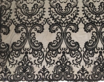 Black Beaded Lace Fabric: Geometric Couture Wedding Dress Lace