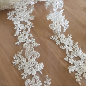 Beaded Alencon Lace Trim: Black & Ivory Corded Bridal Lace, 1.96&quot; Wide