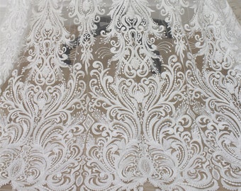 3D Beaded Sequin Lace Fabric: Off-White Tulle Embroidery, Bridal Wedding Gown Lace By The Yard