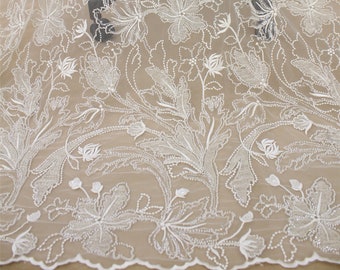 Elegant Flower Lace Fabric: Sequin Beaded Embroidery, Bridal Gown Lace By The Yard