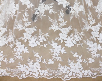 Ivory Floral Beaded Embroidery Lace Fabric: Bridal Gown Lace