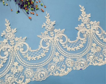 Exquisite Corded Lace Trim, Mesh Embroidery Lace Trim for Wedding Dress, Tulle Bridal Veil Floral Lace Trim By The Yard