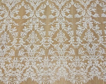 3D Beaded Bridal Lace Fabric: Heavy Sequin Tulle Embroidery, Off-White By The Yard