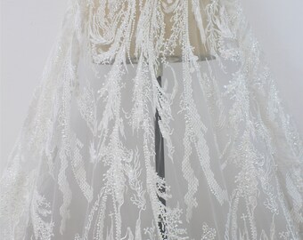 Beaded Sequin Lace Fabric: Off-White Tulle Embroidery, Bridal Gown Lace By The Yard
