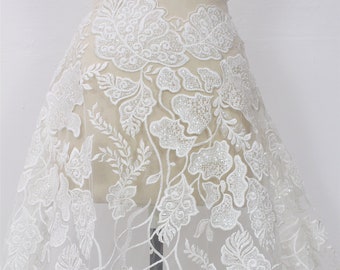 Ivory Floral Beaded Embroidery Lace Fabric: Bridal Gown Lace