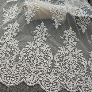 Beaded Embroidery Lace Fabric: Off-White Tulle Sequin Bridal Dress Fabric