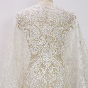 Off-White Sequin Embroidery Lace Fabric: Bridal Wedding Dress, Couture Gown - By The Yard