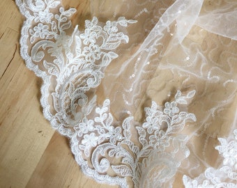 Exquisite Floral Lace Trim, Embroidery Lace Trim for Wedding Dress, Tulle Corded Lace Trim, Bridal Veil Lace, Alencon Lace Trim By The Yard