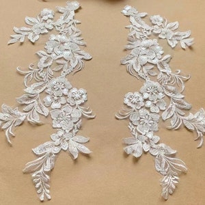 3D Floral Beaded Lace Applique: Light Ivory Sequin Embroidery