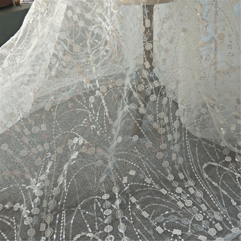 Unique Sequin Lace Fabric Tulle Embroidery Lace Wedding Dress Lace Bridal Veil Lace Fabric Mesh Embroidery Lace Fabric By The Yard