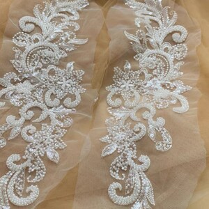 3D Beaded Lace Applique: Floral Sequin Embroidery, Light Ivory (Pair)