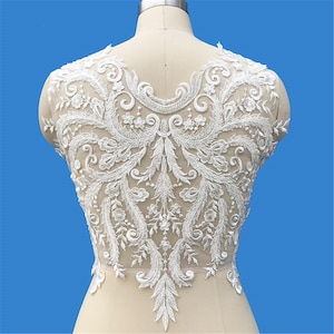 Beaded Floral Lace Applique: Tulle Embroidery, Wedding Dress Design (18.89x16.14 inch)