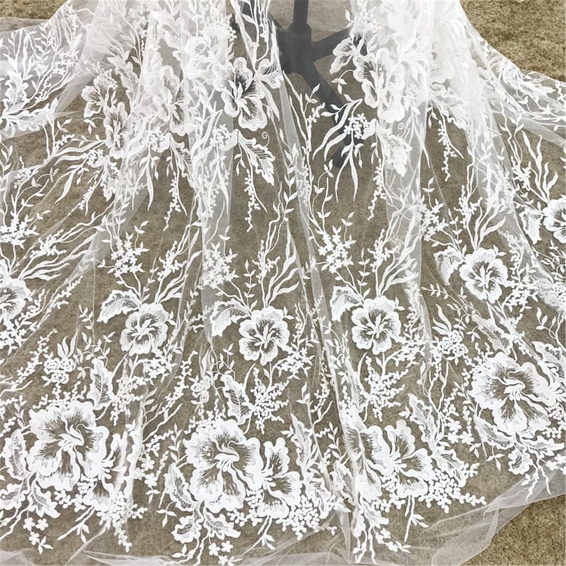 Mesh Bridal Veil Lace Fabric By The Yard Beautiful Flower Lace Fabric Tulle Embroidery Lace Fabric for Wedding Dress