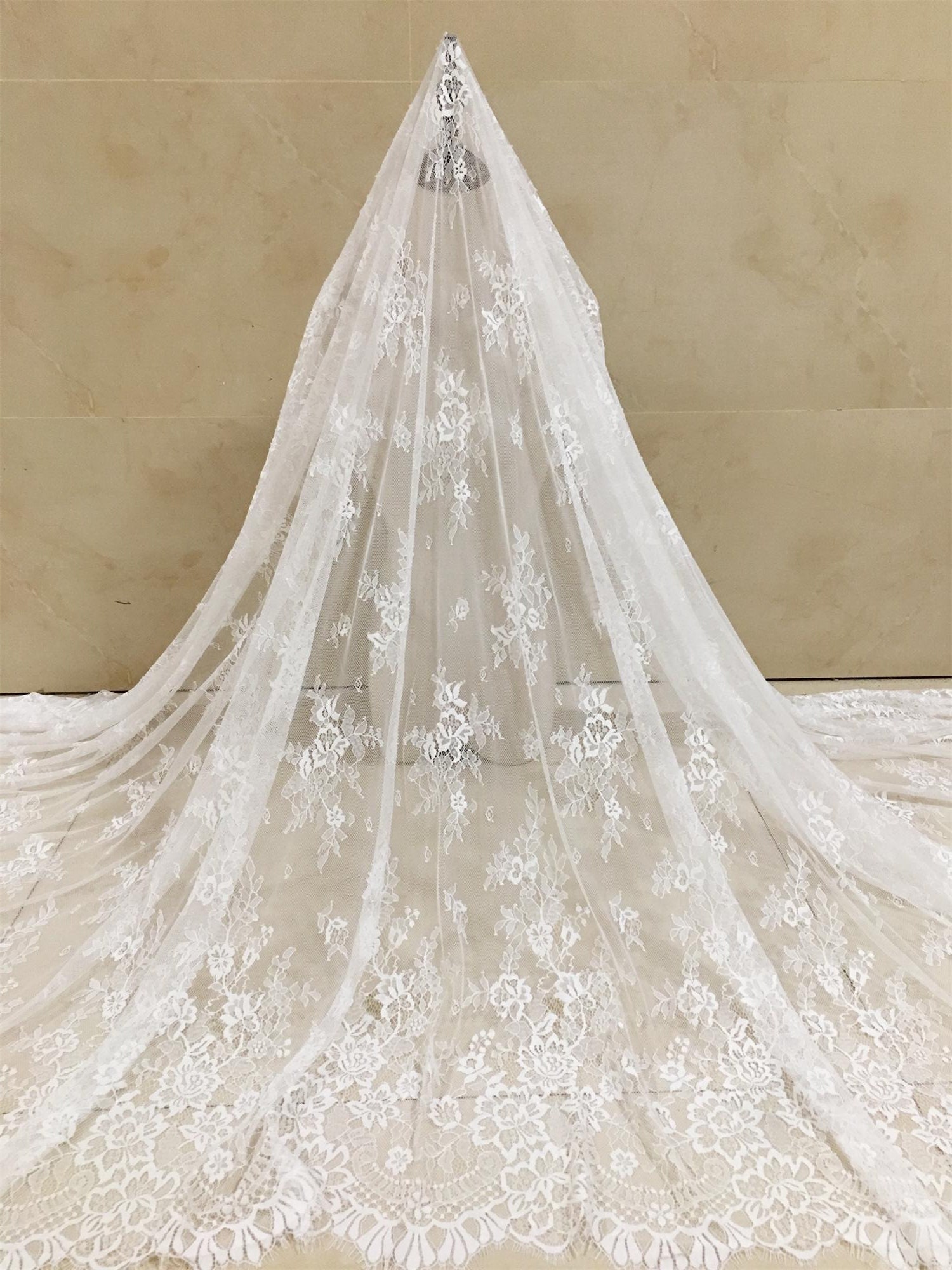 Off-White Floral Chantilly Lace Fabric: Scalloped Eyelash Bridal Veil Lace (3 Meters