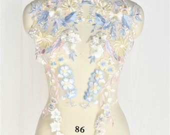 Multicolor Embroidery Flowers Lace Applique for Bridal Dresses Gowns, Garments, Costume Design 1Pcs
