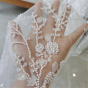 Beaded Floral Lace Fabric: 3D Sequin Tulle Bridal Veil Lace - Off-White