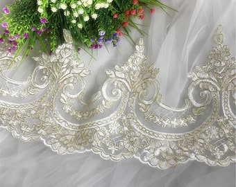 Sequin Embroidered Lace Trim: Bridal Wedding Dress Veil, 9.05" Wide