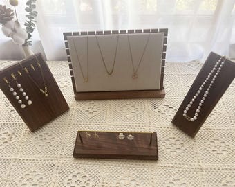 Walnut Jewelry Display Stand: Wood Necklace, Ring & Earring Holder