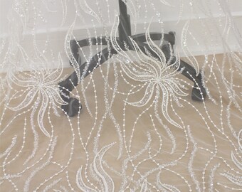 3D Beaded Sequin Lace Fabric: Off-White Embroidery Bridal Lace By The Yard