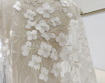 Floral Embroidery Pearl Lace Fabric: Bridal Wedding Dress Tulle By The Yard