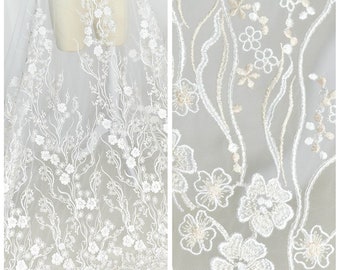 Hermosa tela de encaje floral, tela de encaje de bordado de tul, tela de vestido de novia, malla tela de encaje de lentejuelas cortada a medida