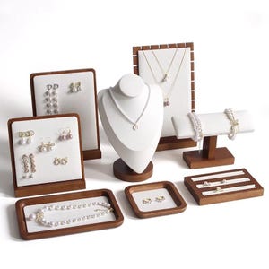 8 Pcs Solid Wood Jewelry Display Holder Set, Include Bracelet Display Stand Necklace Display Stand Ring Earrings Tray for Jewelry Shows