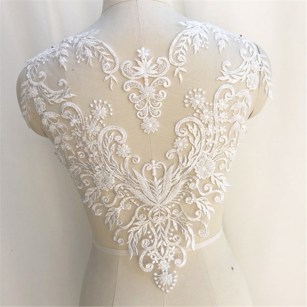 Heavy Beaded Lace Applique, Heavy Sequin Embroidered Bodice Lace Applique,Lace Bodice For Bridal Dress Altering, Beaded Bridal Lace Applique