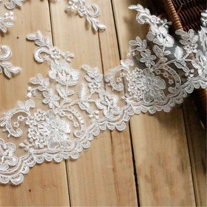 Alencon Rose Floral Lace Trim: Embroidered Bridal Wedding Lace (6.3 Inches Wide)