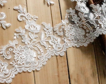 Alencon Rose Floral Lace Trim: Embroidered Bridal Wedding Lace (6.3 Inches Wide)