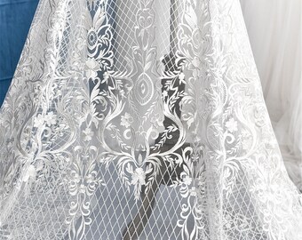 Bridal Guipure Lace Fabric, Heavy Embroidery, Off White Tulle, Sell By The Yard