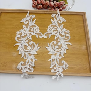 Elegancka para aplikacji z koronki z koralikami i kwiatami, haftowana koronka ślubna, koronkowy motyw sukni ślubnej, aplikacja do szycia gorsetu z welonem DIY