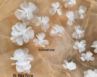 10PCS 3D Pearl Flower Applique: Off White Organza Lace Patches