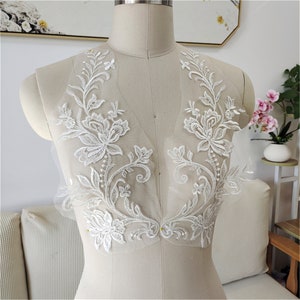 Floral Lace Applique Pair: Off-White Tulle Embroidery, Bridal Bodice Patch