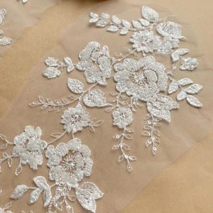 Heavy 3D Beaded Lace Applique,Floral Sequin Lace Applique For Bridal Dress,Lady Dress Lace Applique,Beaded Embroidery Lace Applique By Pair