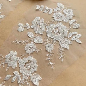 3D Beaded Floral Lace Applique: Light Ivory Bridal Dress Embellishment