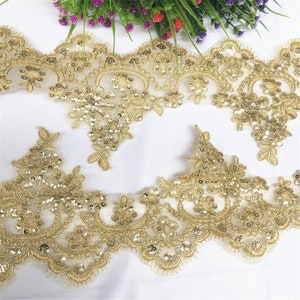 SALES!!! Sell By Yard Alencon Lace Trim, Gold Flower Alencon Lace, Bridal Wedding Veil Gold Sequins Lace Trimming 5.11'' width