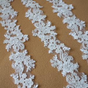 Beaded Alencon Lace Trim: Black & Ivory Corded Bridal Lace, 1.96" Wide