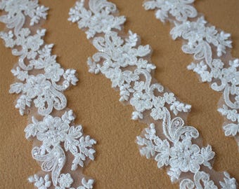 Beaded Alencon Lace Trim: Black & Ivory Corded Bridal Lace, 1.96&quot; Wide