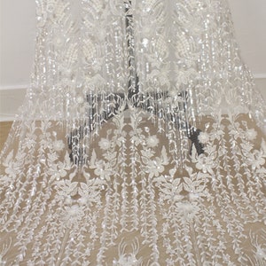 3D Beaded Embroidery Lace Fabric: Off-White Sequin Bridal Gown Lace By The Yard