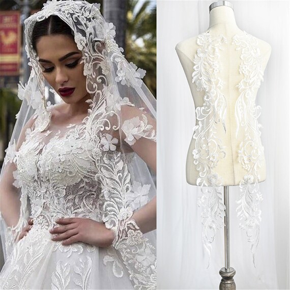 Exquisite floral embroidery lace applique pair in off white for wedding gown bodice bridal dress lace veil