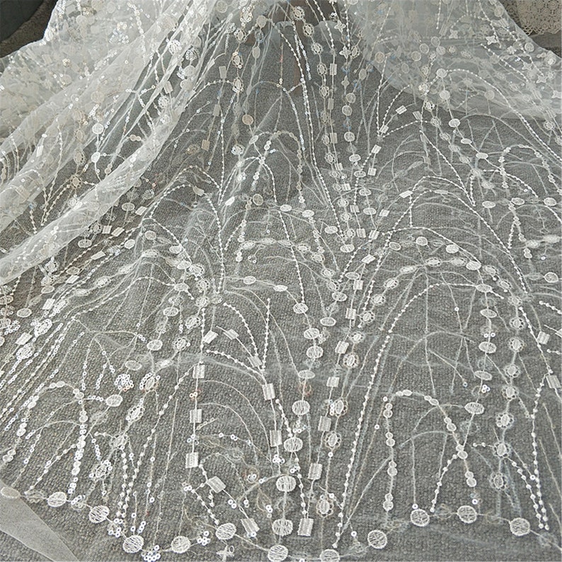Unique Sequin Lace Fabric Tulle Embroidery Lace Wedding Dress Lace Bridal Veil Lace Fabric Mesh Embroidery Lace Fabric By The Yard